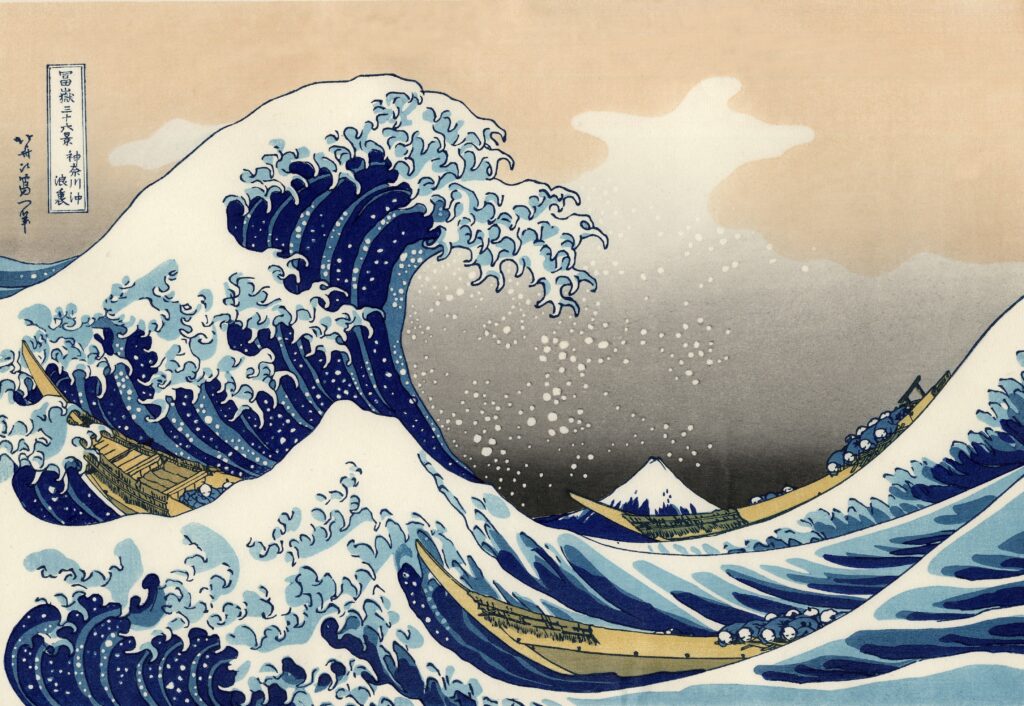 Die große Welle vor Kanagawa Katsushika Hokusai, 1830–1832 Japanischer Farbholzschnitt 25 × 37 cm gemeinfrei (Wikipedia)